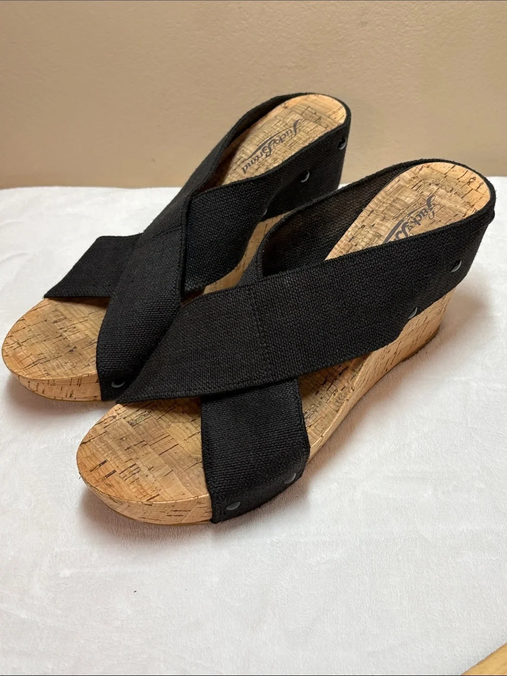 Lucky Brand Cross-Band Cork Miller Wedge Slide Sandals in Black, 9